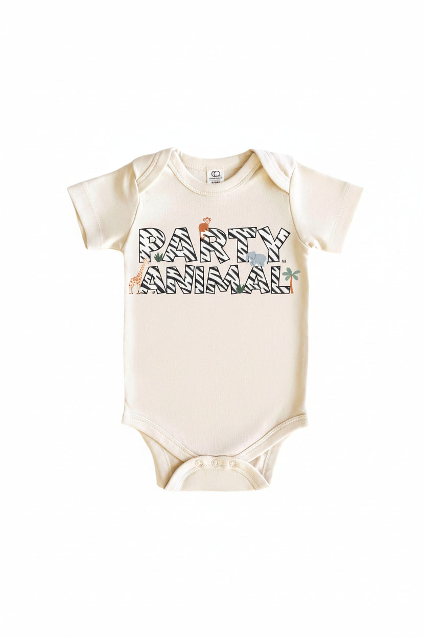 Party Animal Graphic Bodysuit & Kids Tee | Natural
