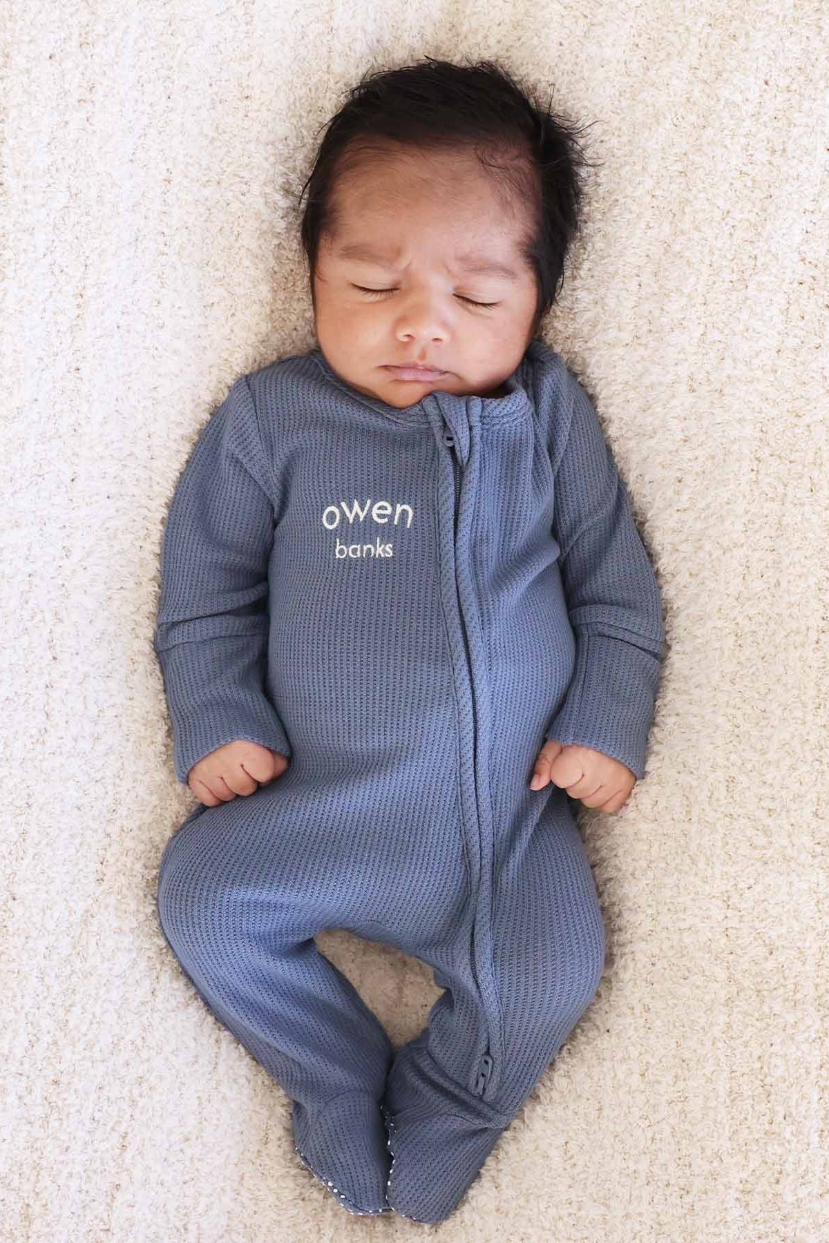 Embroidered Bamboo Waffle Zipper Footie | Lake