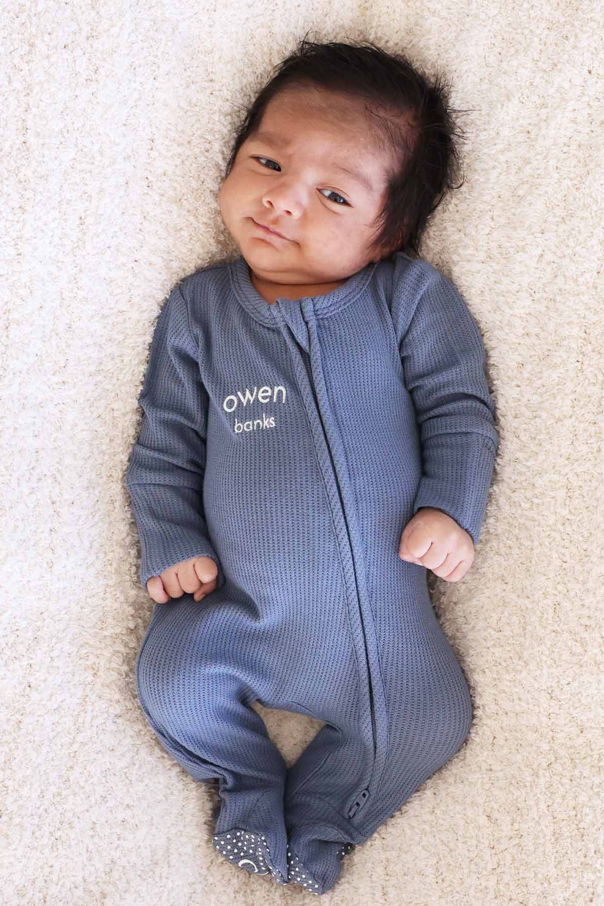 Embroidered Bamboo Waffle Zipper Footie | Lake