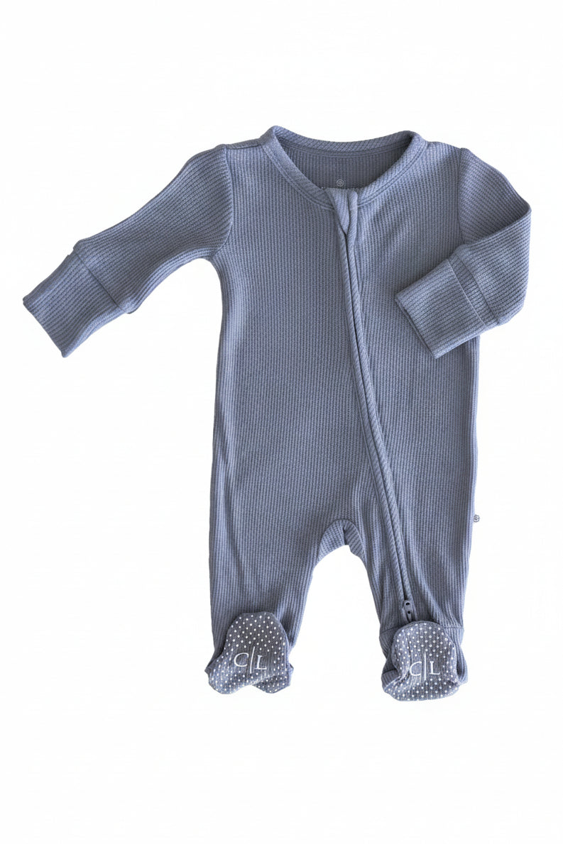 Embroidered Bamboo Waffle Zipper Footie | Lake
