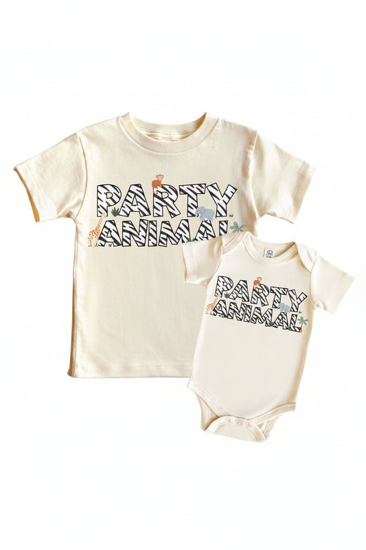 Party Animal Graphic Bodysuit & Kids Tee | Natural
